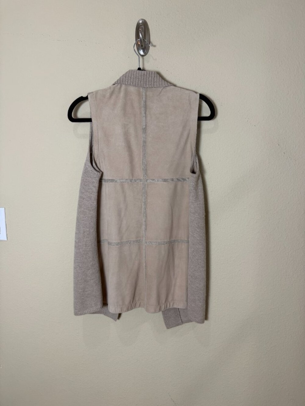 Lafayette 148 Patchwork Suede Back Knit Front Open Sweater Vest Size Small Tan